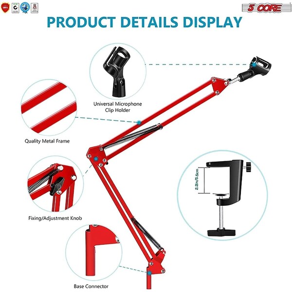 5 Core Microphone Suspension Boom ARM Mic Stand, Adjustable Scissor Arm Stand With Mic Clip For Upgraded Studio Microphone For Radio Broadcasting, Voi